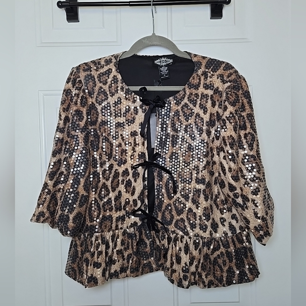 Sequined Leopard Print Jacket Oliver.O Tie Front Peplum  Ladies Size XL NWT